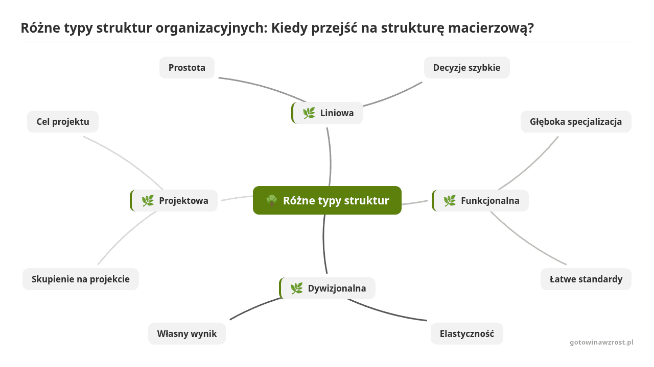 Mapa myśli: Różne typy struktur, gałęzie: Liniowa, Funkcjonalna, Dywizjonalna, Projektowa